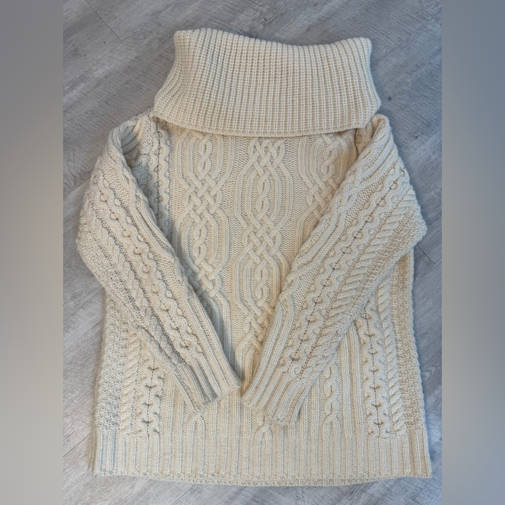 Aran Crafts Cream Cable Knit Cowl Neck Sweater
